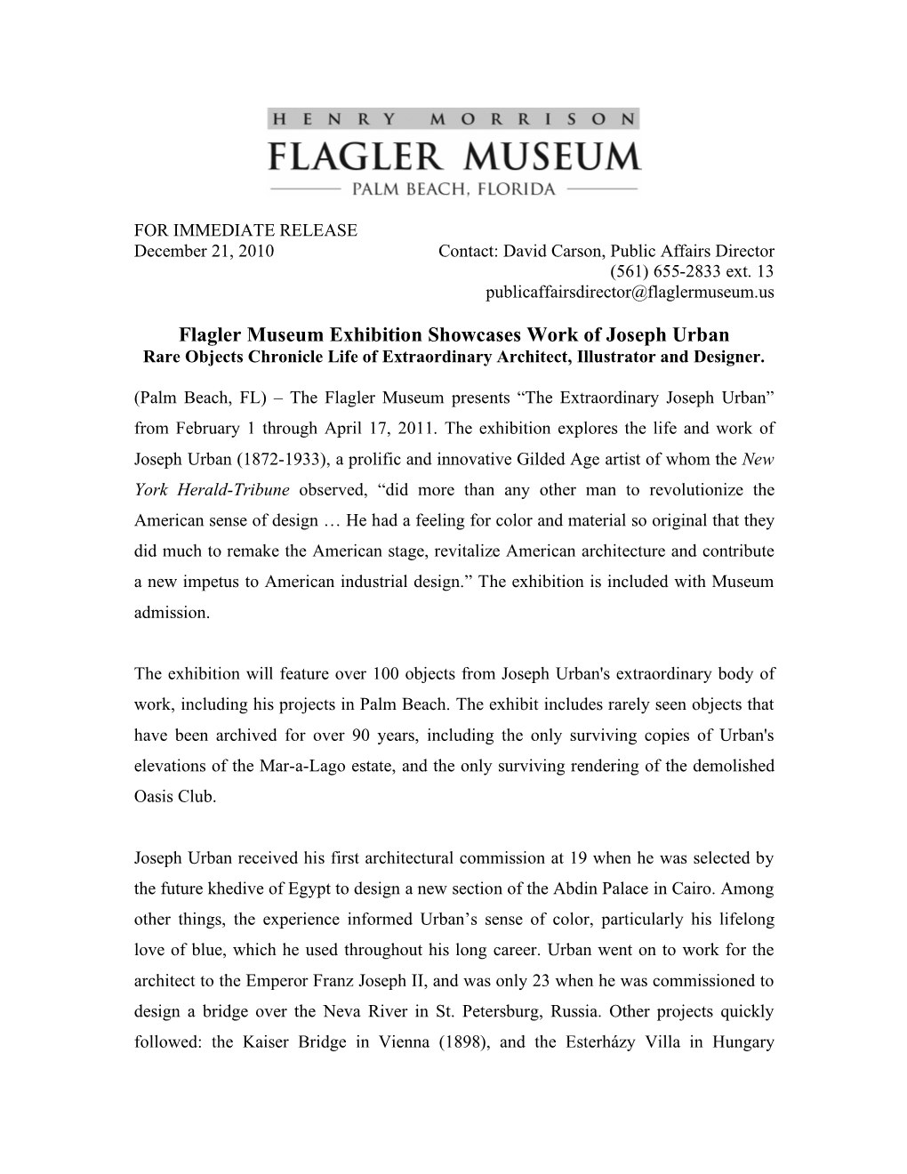 Joseph Urban Exhibit Press Release