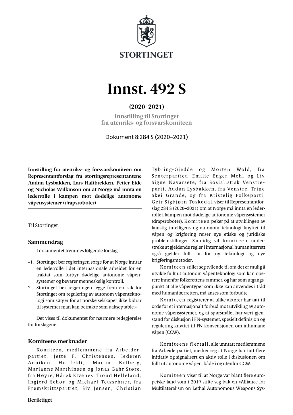 Innst. 492 S (2020–2021) Innstilling Til Stortinget Fra Utenriks- Og Forsvarskomiteen