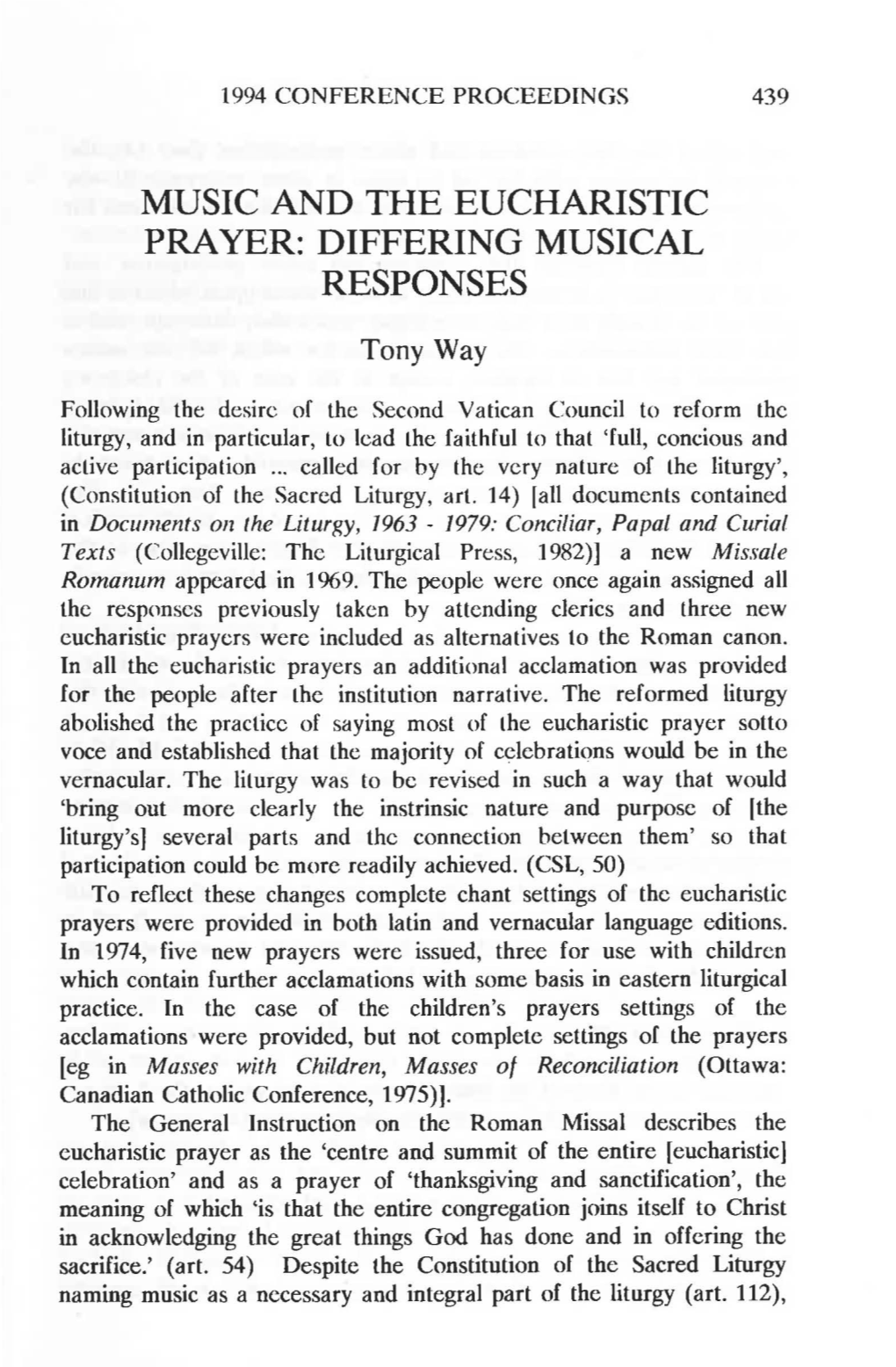 Music and the Eucharistic Prayer: Differing Musical Responses