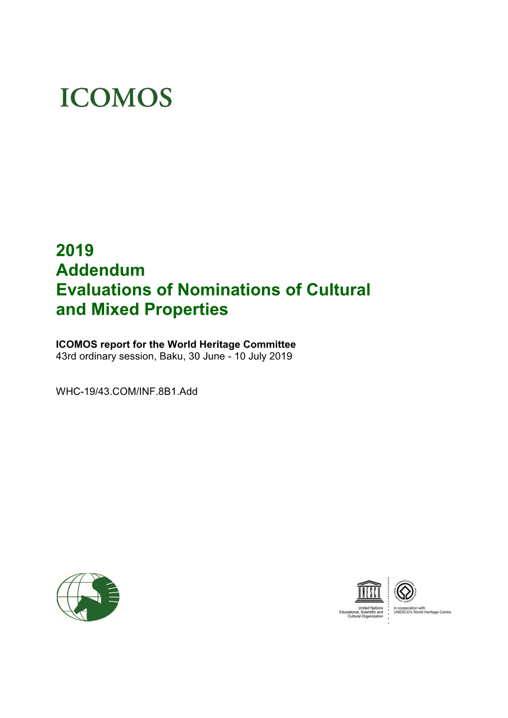 2019 Addendum Evaluations of Nominations of Cultural and Mixed Properties