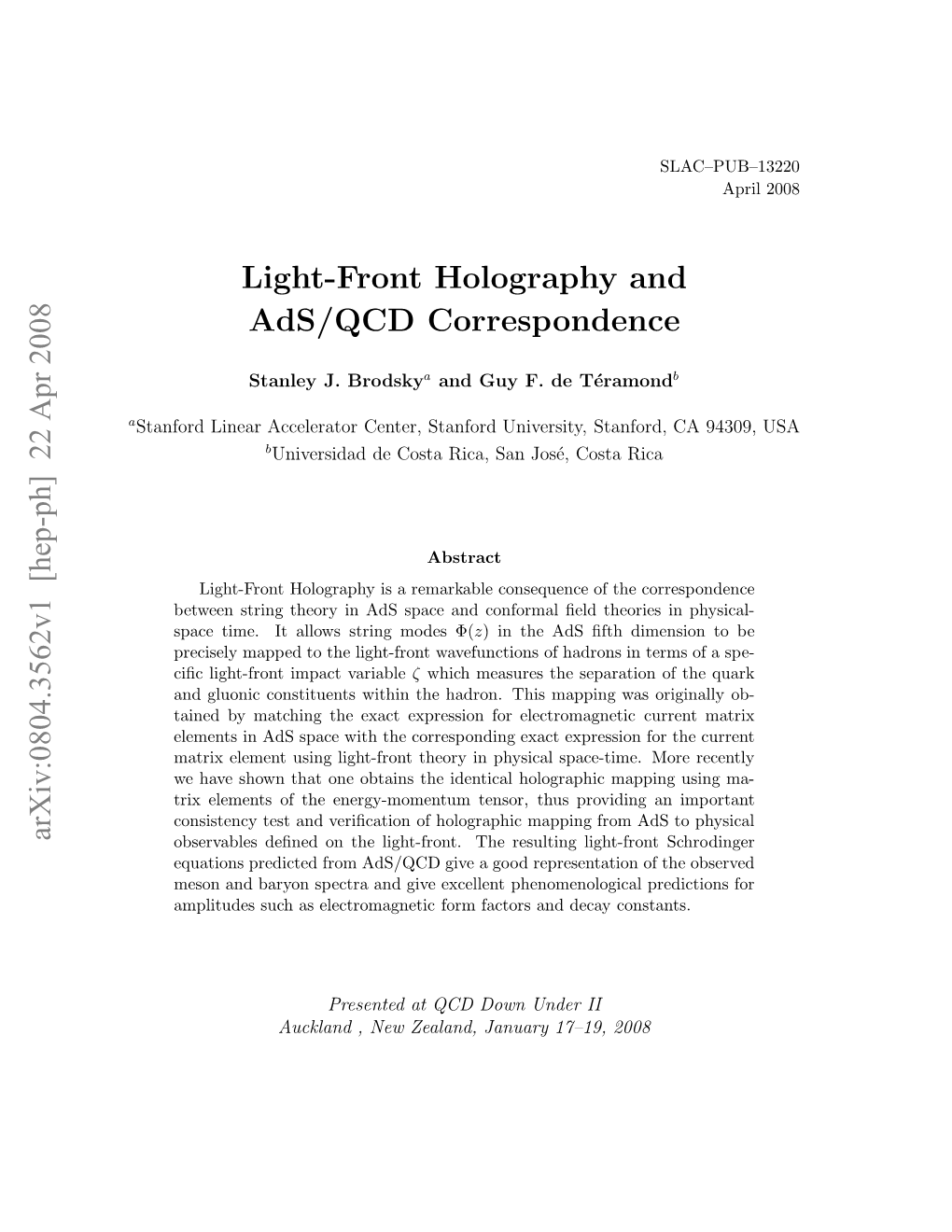 Light-Front Holography and Ads/QCD Correspondence