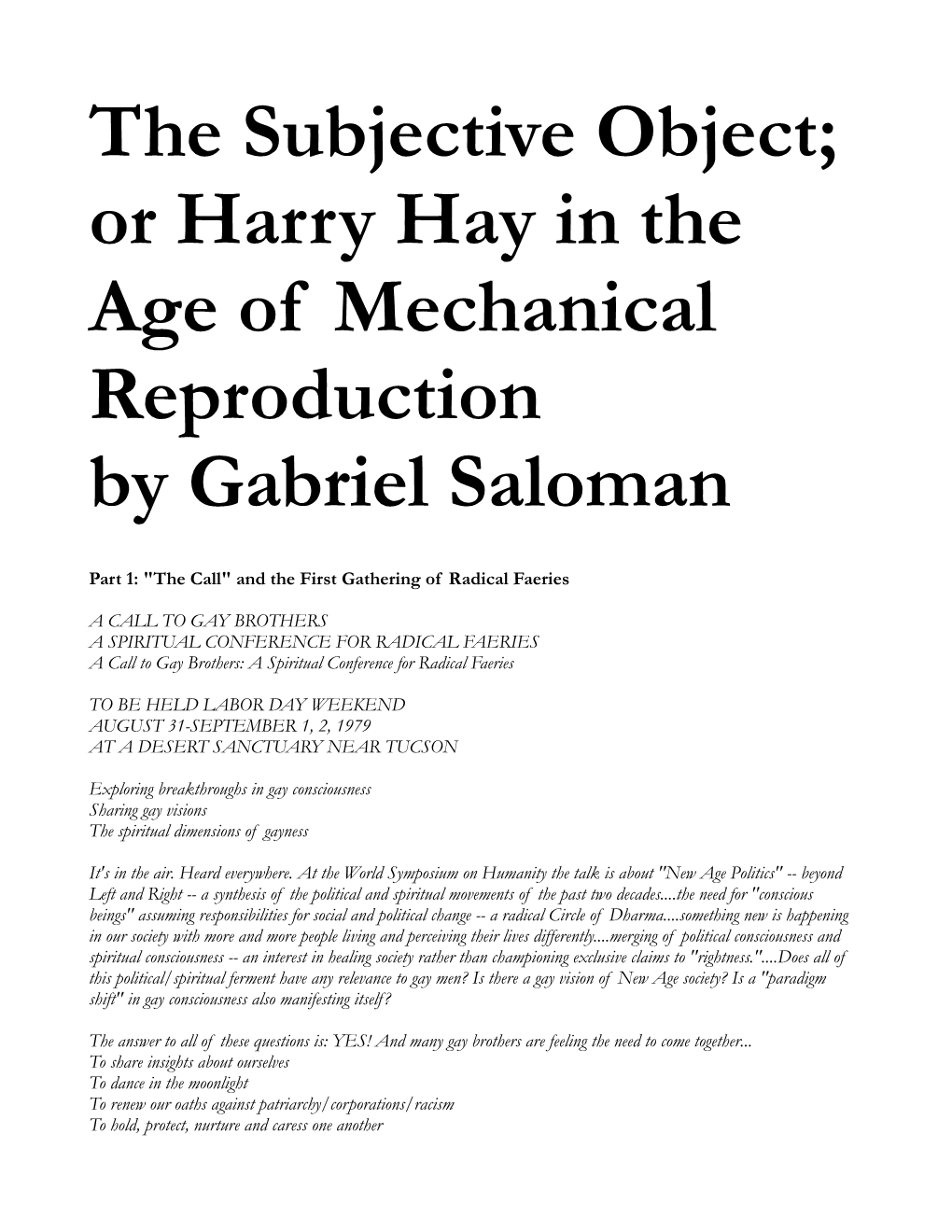 The Subjective Object; Or Harry Hay in the Age of Mechanical Reproduction by Gabriel Saloman