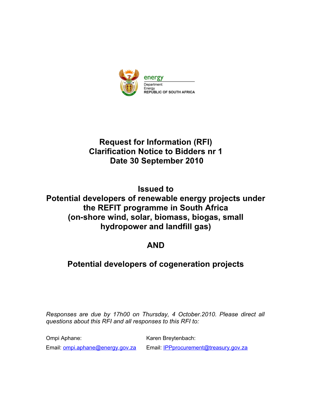 Potential Developers of Renewable Energy Projects Under the REFIT Programme in South Africa