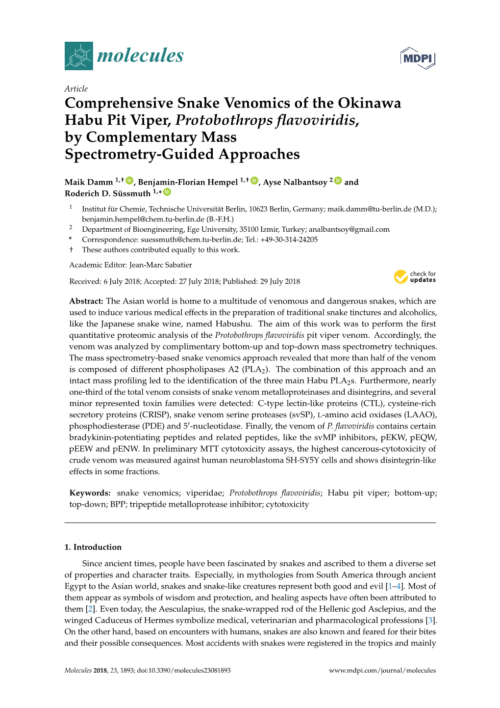 Comprehensive Snake Venomics of the Okinawa Habu Pit Viper, Protobothrops ﬂavoviridis, by Complementary Mass Spectrometry-Guided Approaches