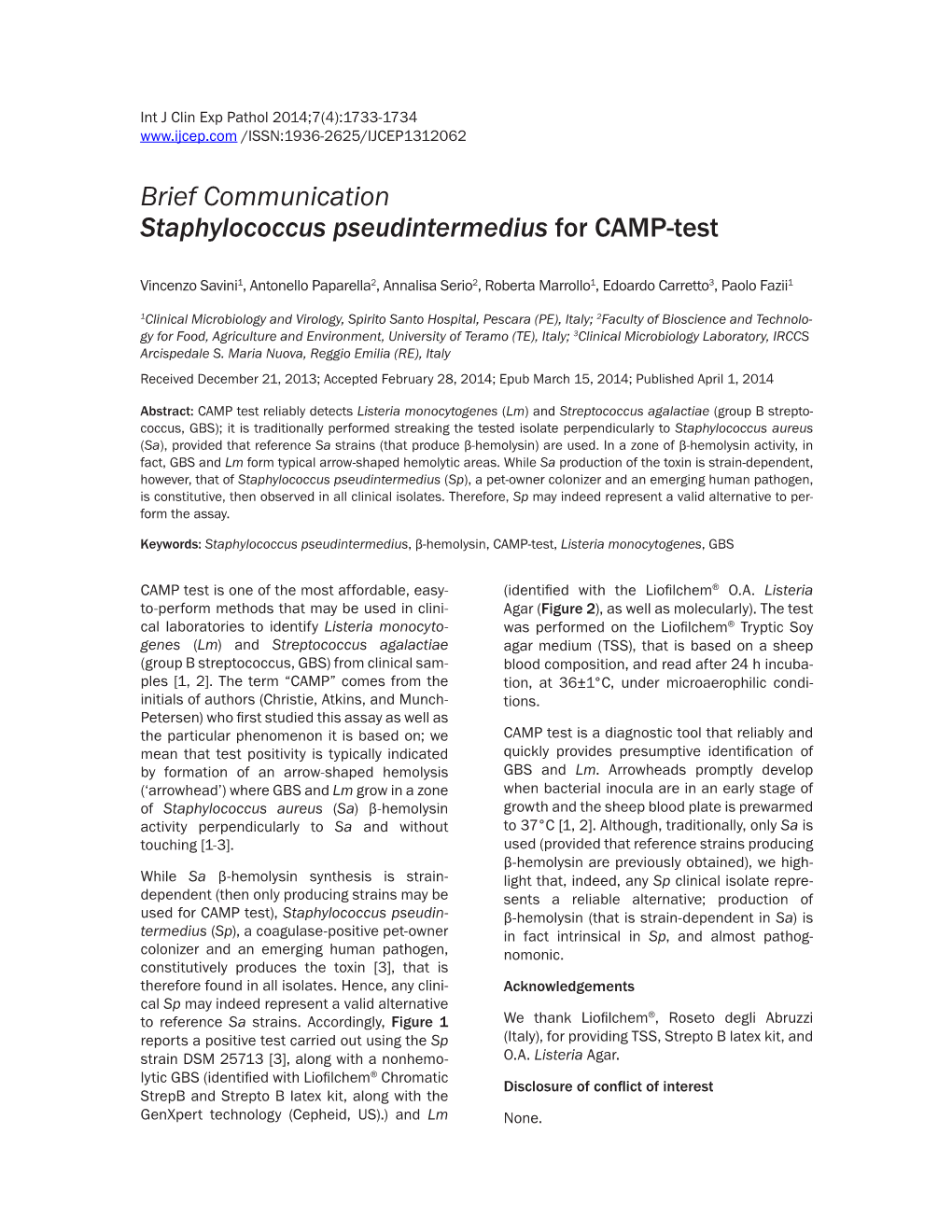 Brief Communication Staphylococcus Pseudintermedius for CAMP-Test