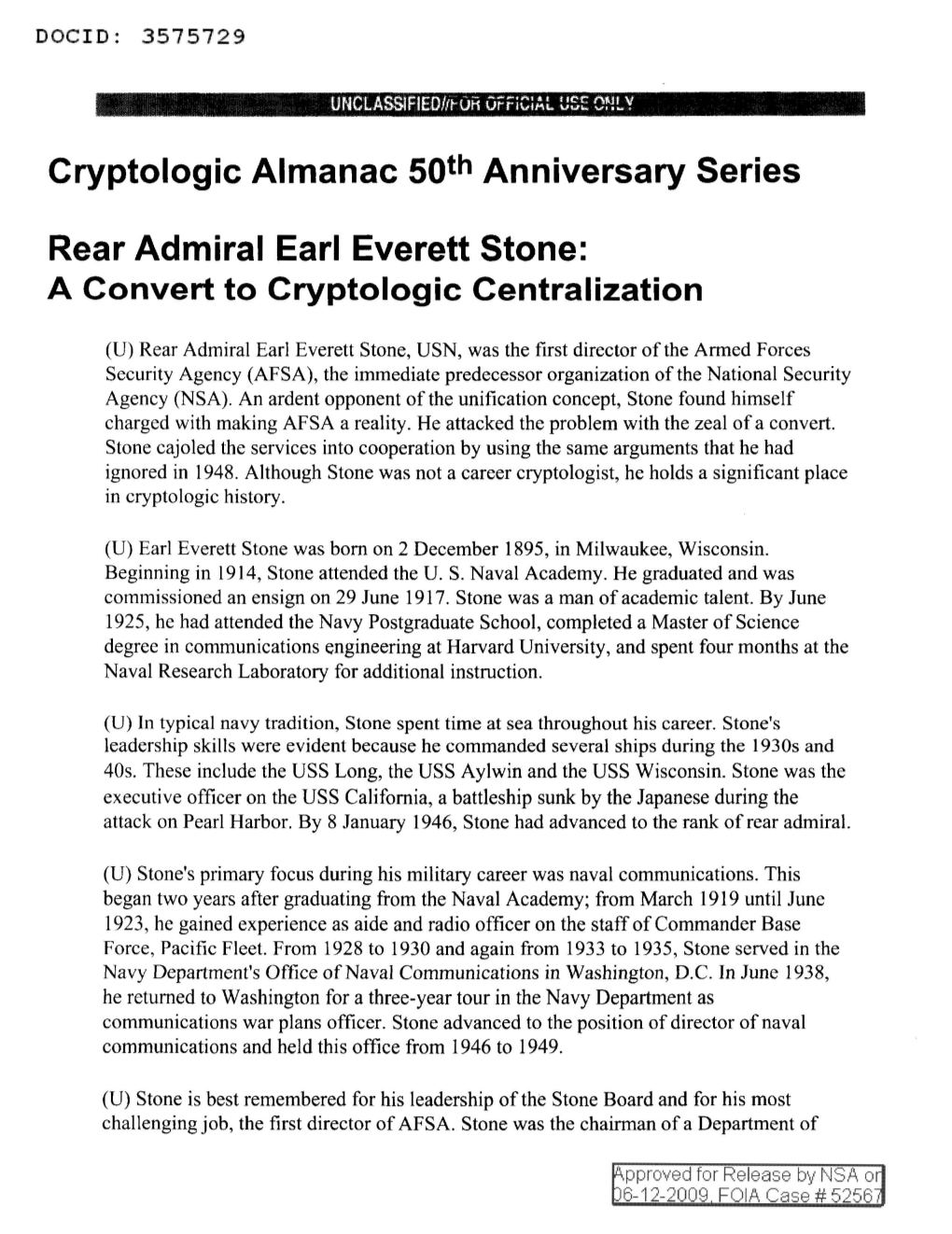 Rear Admiral Earl Everett Stone: a Convert to Cryptologic Centralization