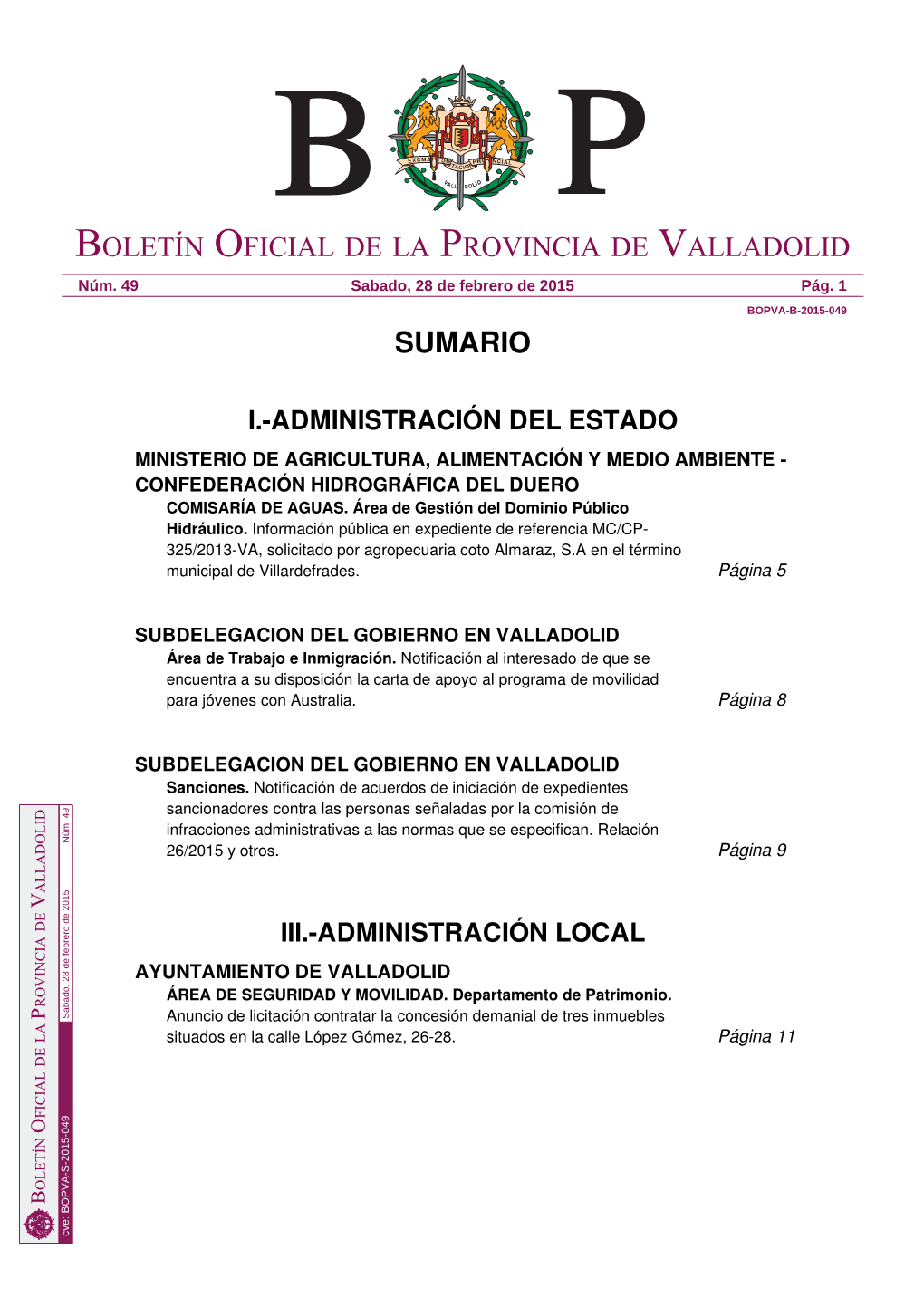 Sumario Boletín Oficial De La Provincia De Valladolid