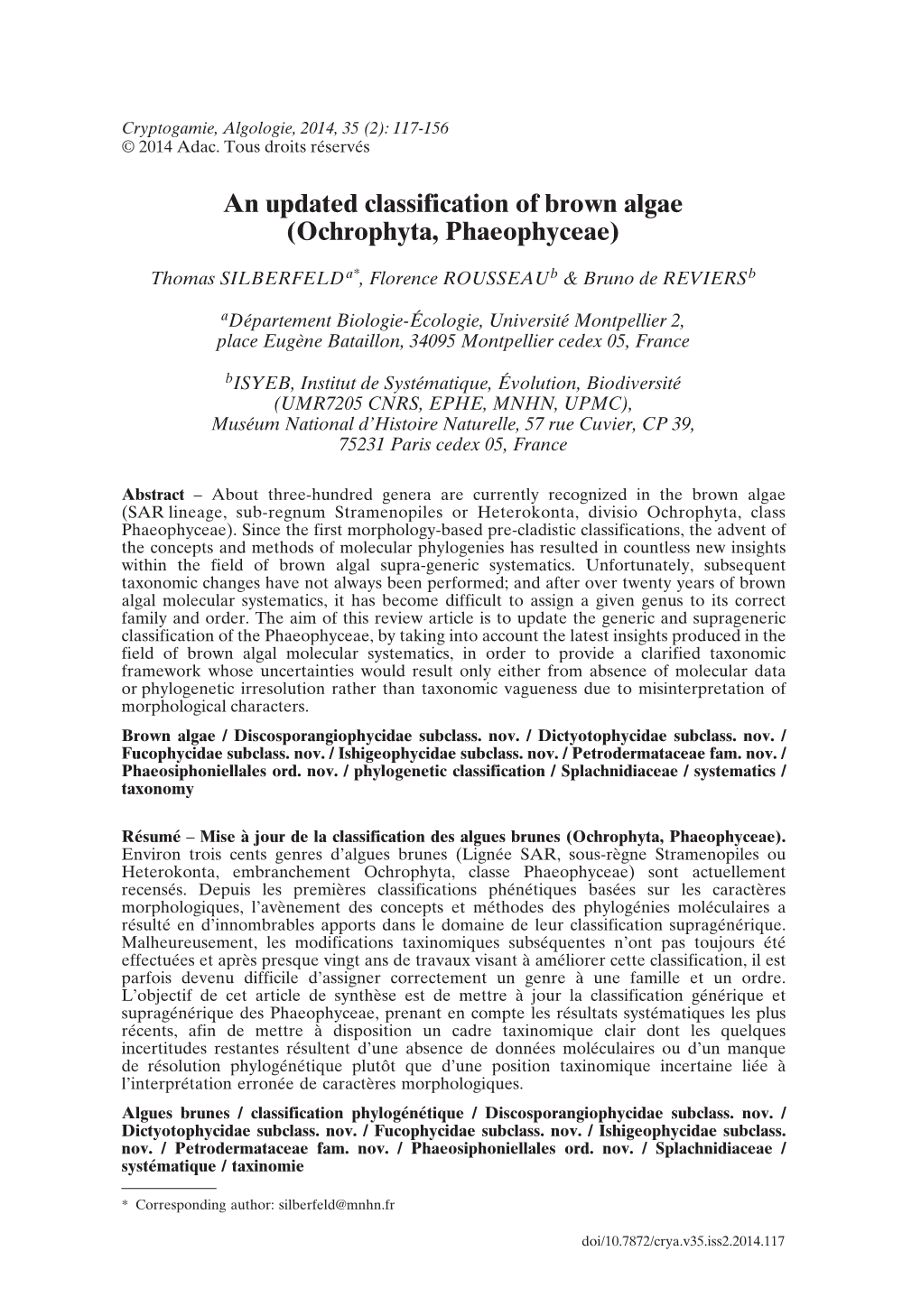 An Updated Classification of Brown Algae (Ochrophyta, Phaeophyceae)