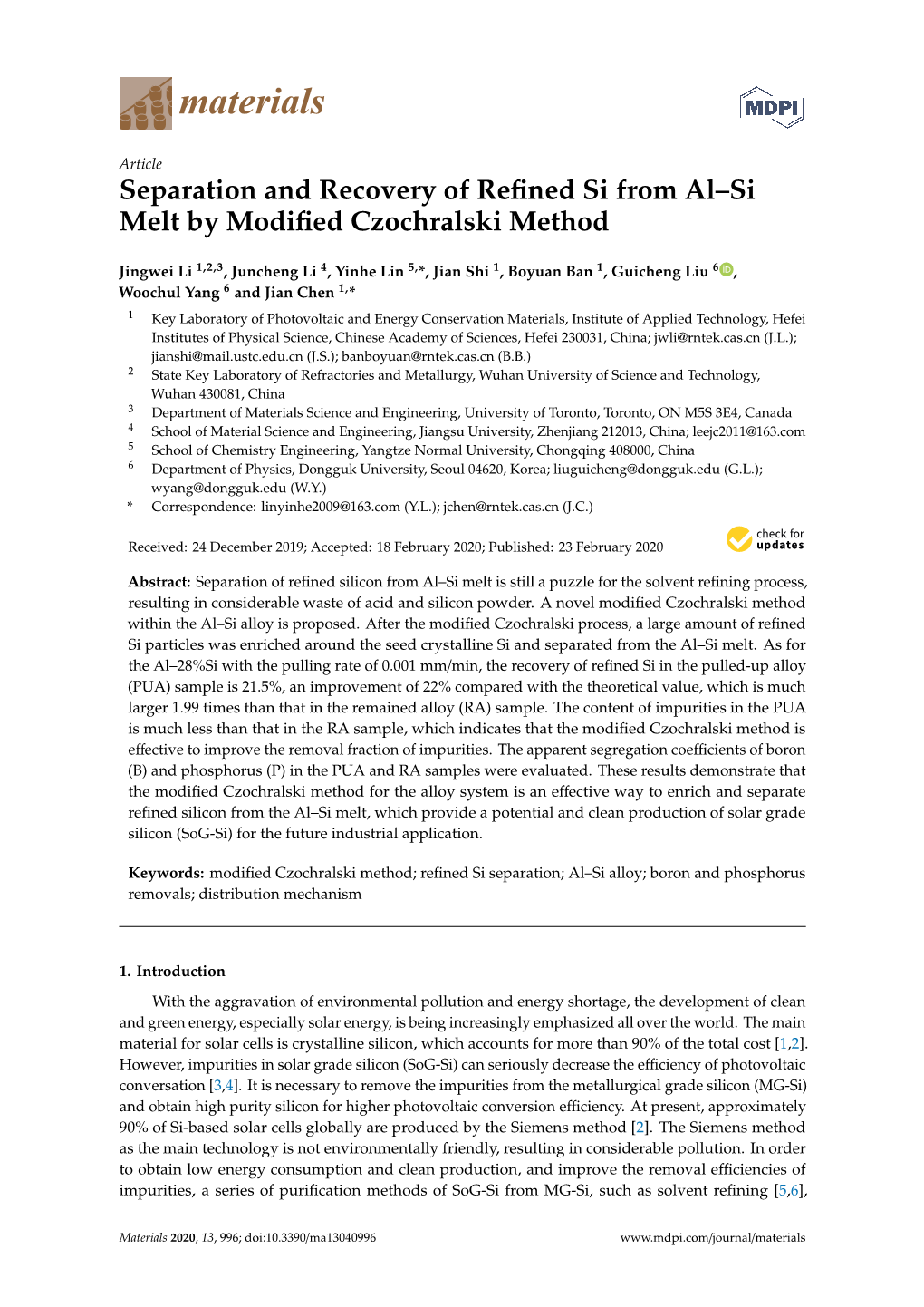 Separation and Recovery of Refined Si from Al–Si Melt by Modified