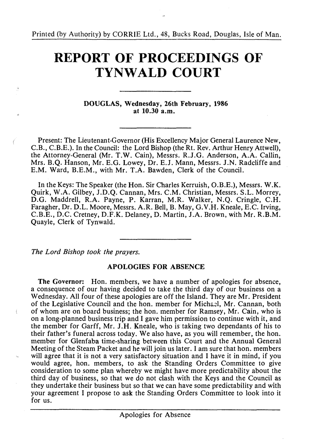 Report of Proceedings of Tynwald Court