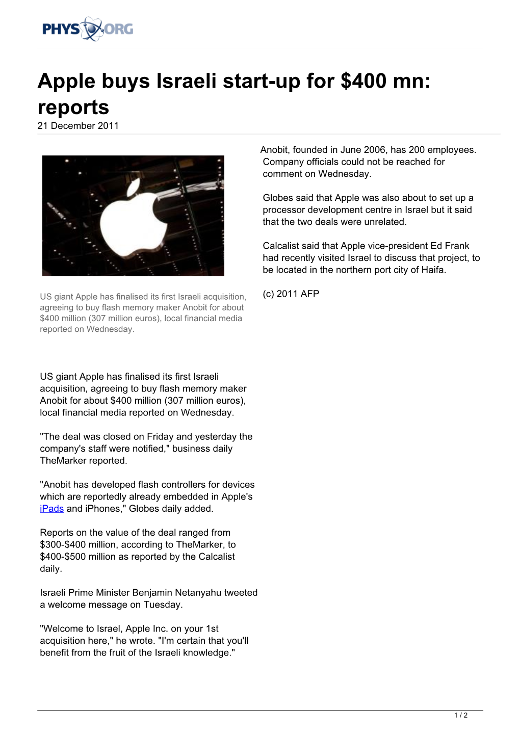 Apple Buys Israeli Start-Up for $400 Mn: Reports 21 December 2011