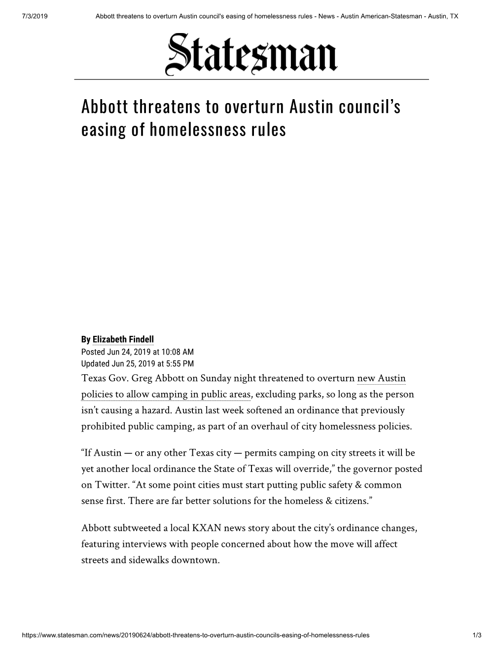 Abbott Threatens to Overturn Austin Council's Easing of Homelessness Rules - News - Austin American-Statesman - Austin, TX