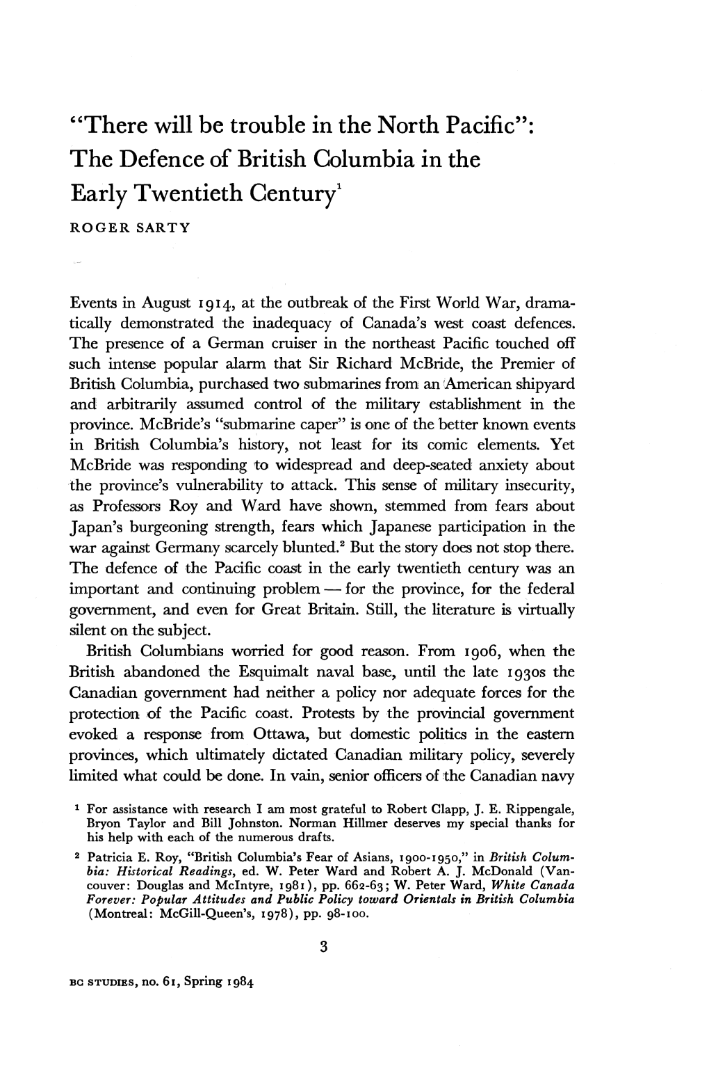 There Will Be Trouble in the North Pacific55: the Defence of British Columbia in the Early Twentieth Century1