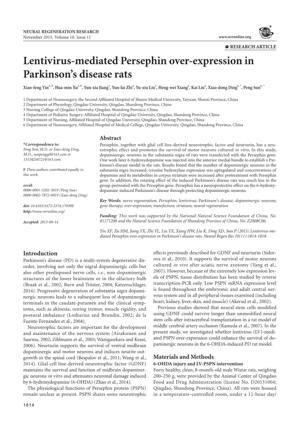 Lentivirus-Mediated Persephin Over-Expression in Parkinson's