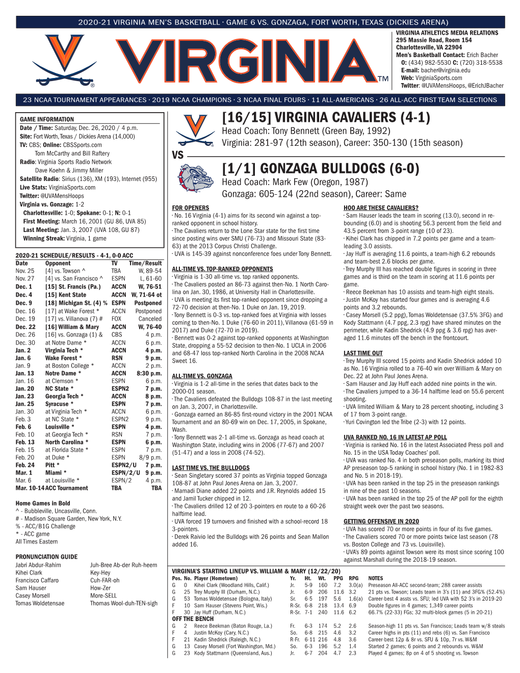 VIRGINIA CAVALIERS (4-1) Date / Time: Saturday, Dec