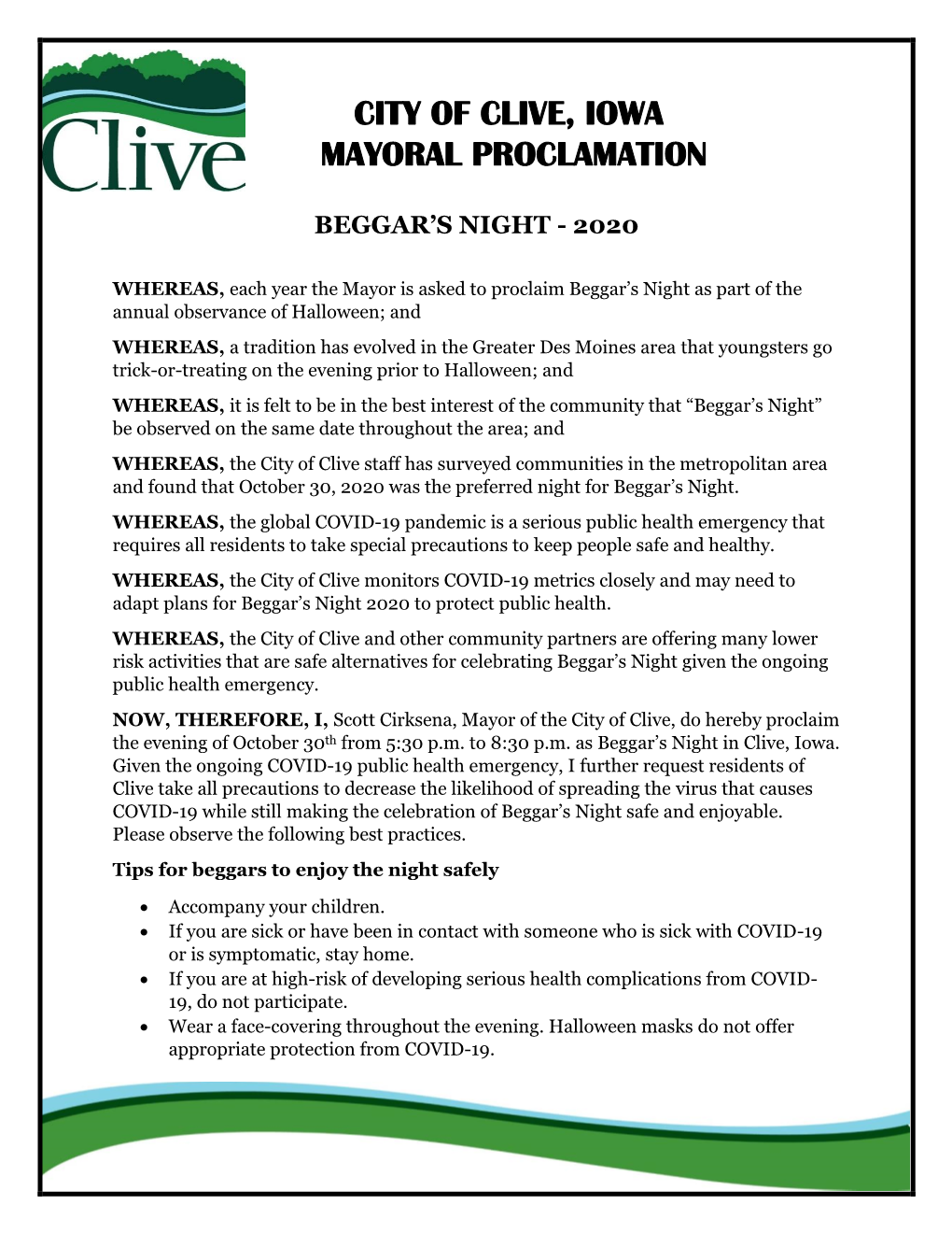 City of Clive, Iowa Mayoral Proclamation