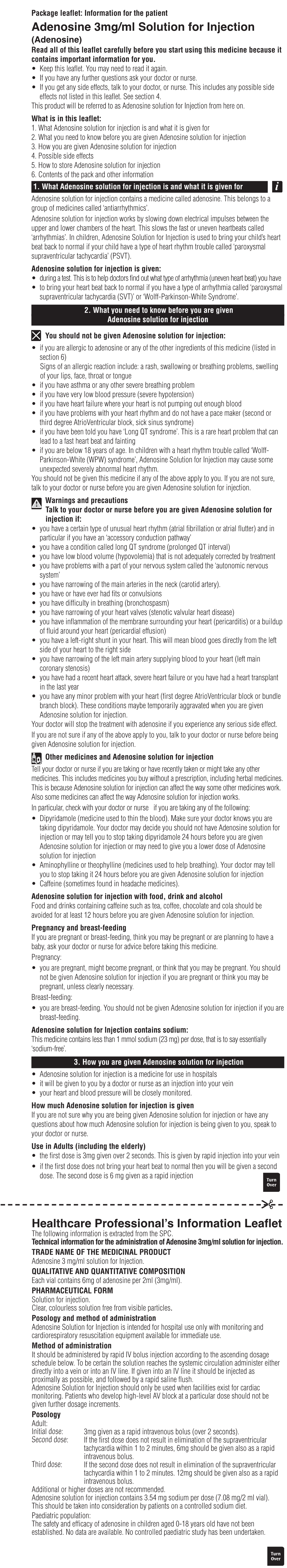 Adenosine 3Mg/Ml Solution for Injection Healthcare Professional's Information Leaflet