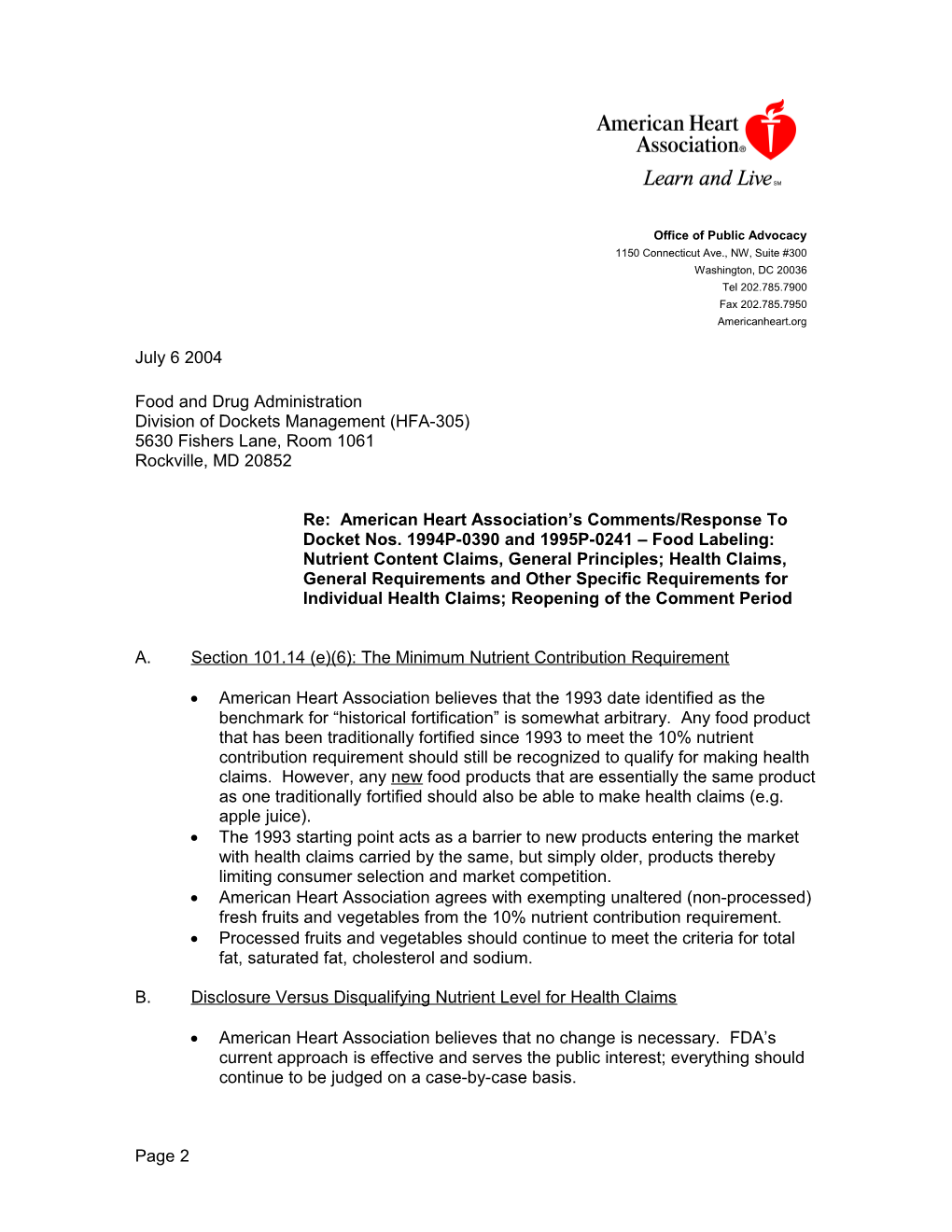 American Heart Association’S Comments/Response