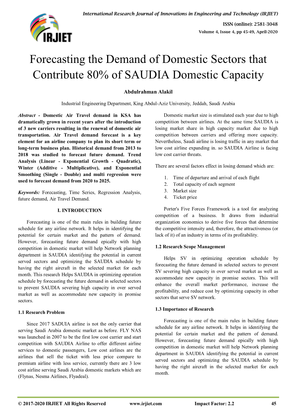 Forecasting the Demand of Domestic Sectors That Contribute 80% of SAUDIA Domestic Capacity