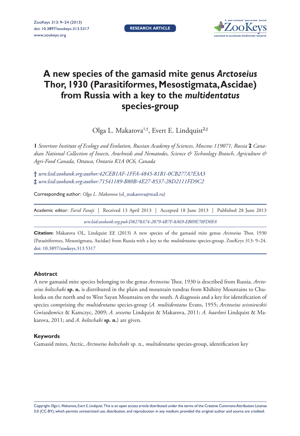 A New Species of the Gamasid Mite Genus Arctoseius Thor, 1930