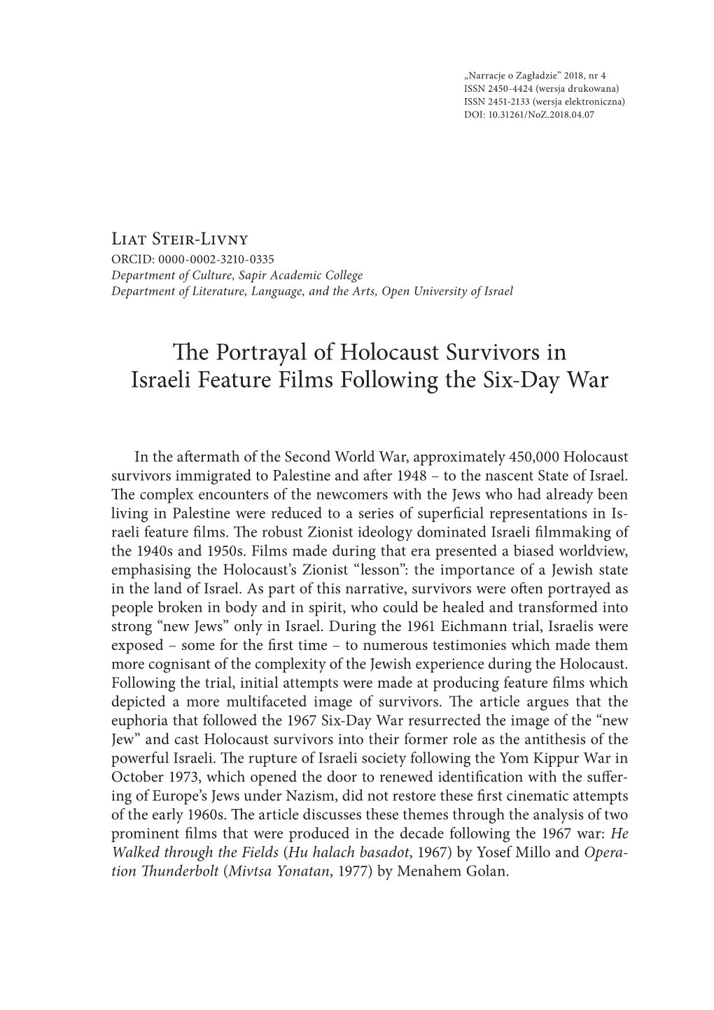 The Portrayal of Holocaust Survivors in Israeli Feature Films Following the Six­‍Day War
