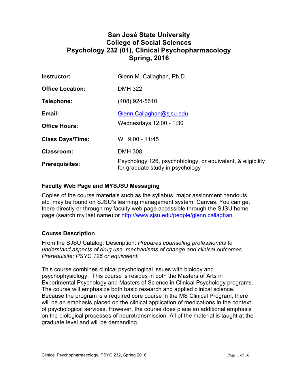 PSYC 232 Clinical Psychopharmacology S 2016