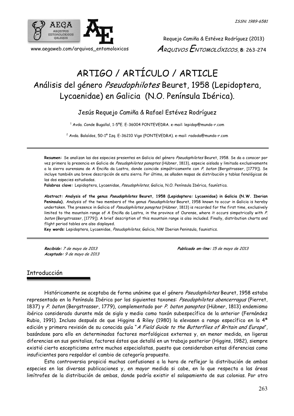 ARTIGO / ARTÍCULO / ARTICLE Análisis Del Género Pseudophilotes Beuret, 1958 (Lepidoptera, Lycaenidae) En Galicia (N.O