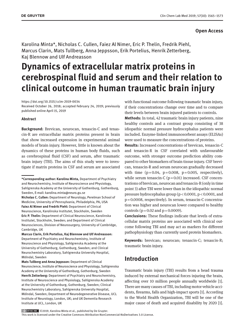 Dynamics of Extracellular Matrix Proteins in Cerebrospinal Fluid And