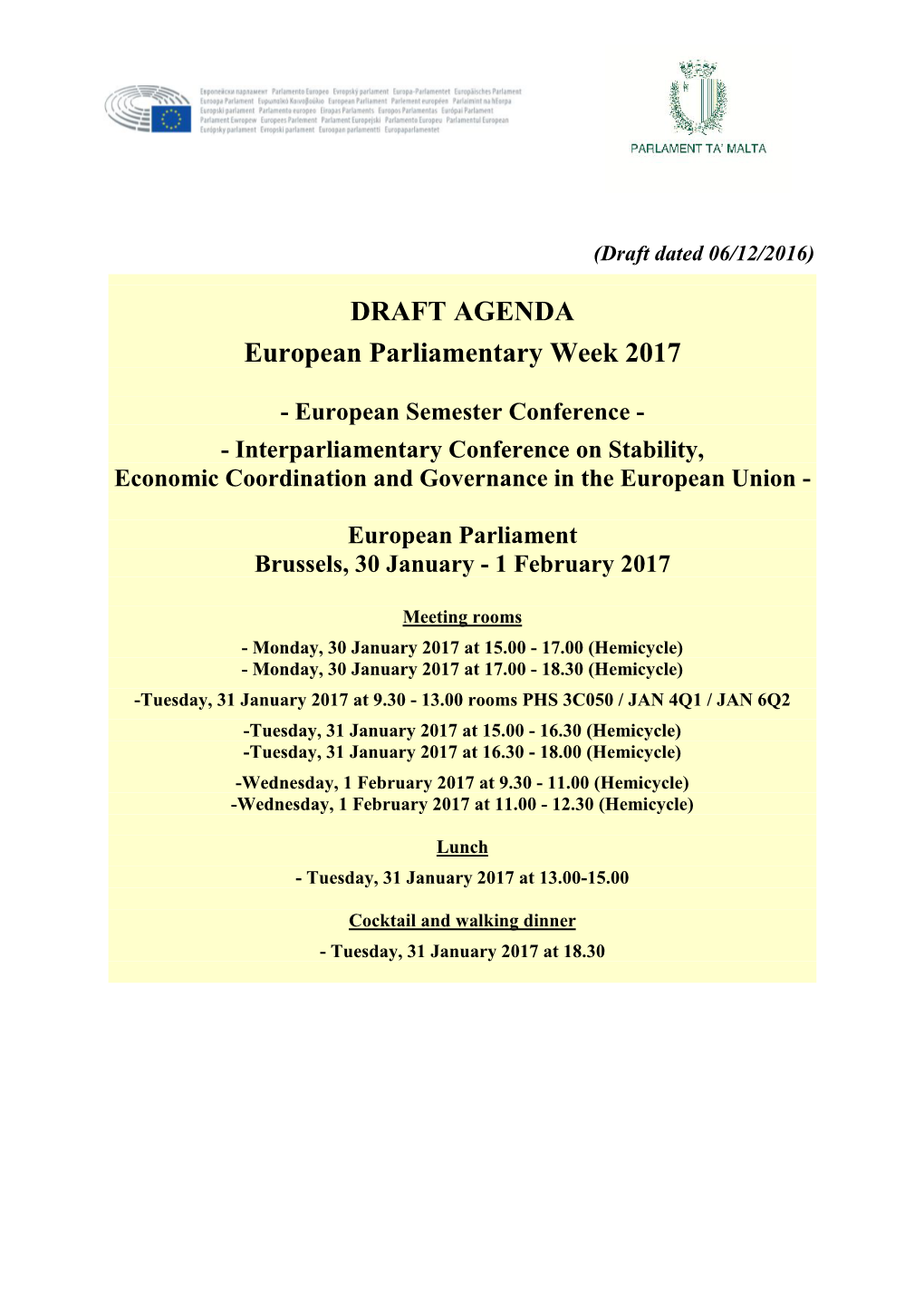 DRAFT AGENDA European Parliamentary Week 2017