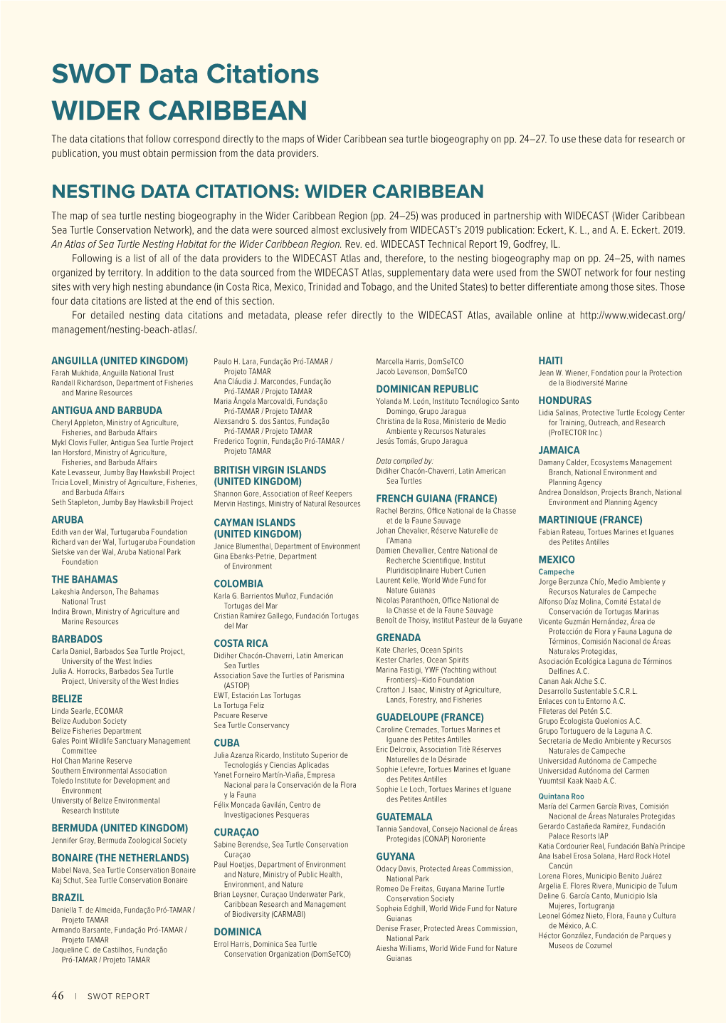 SWOT Data Citations WIDER CARIBBEAN the Data Citations That Follow Correspond Directly to the Maps of Wider Caribbean Sea Turtle Biogeography on Pp