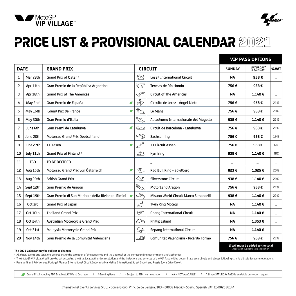 Price List & Provisional Calendar