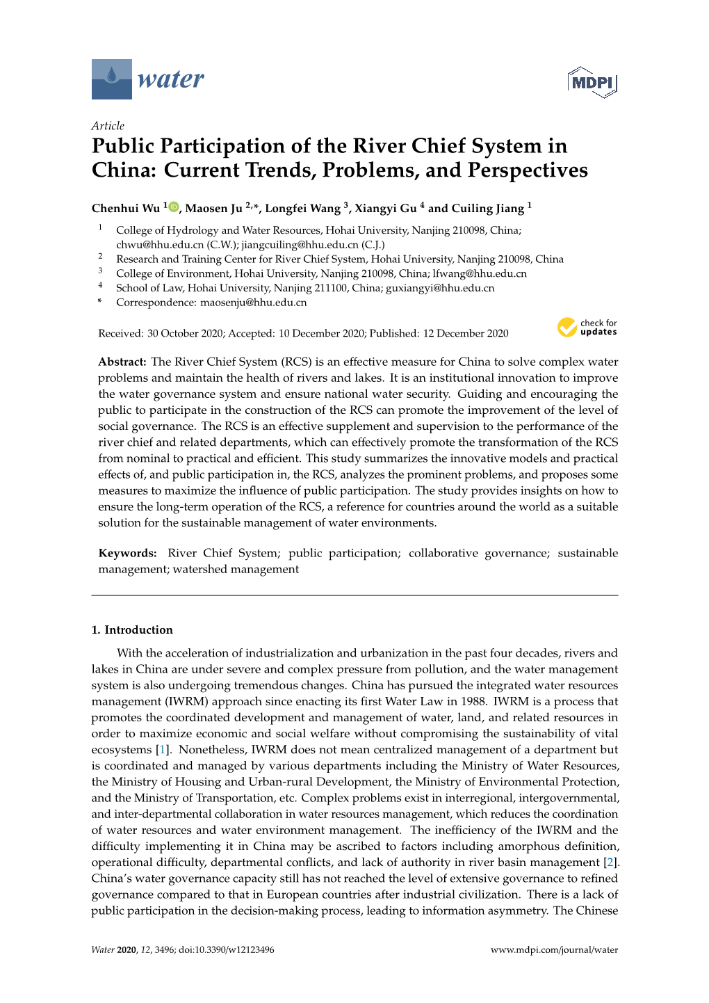 Public Participation of the River Chief System in China: Current Trends, Problems, and Perspectives