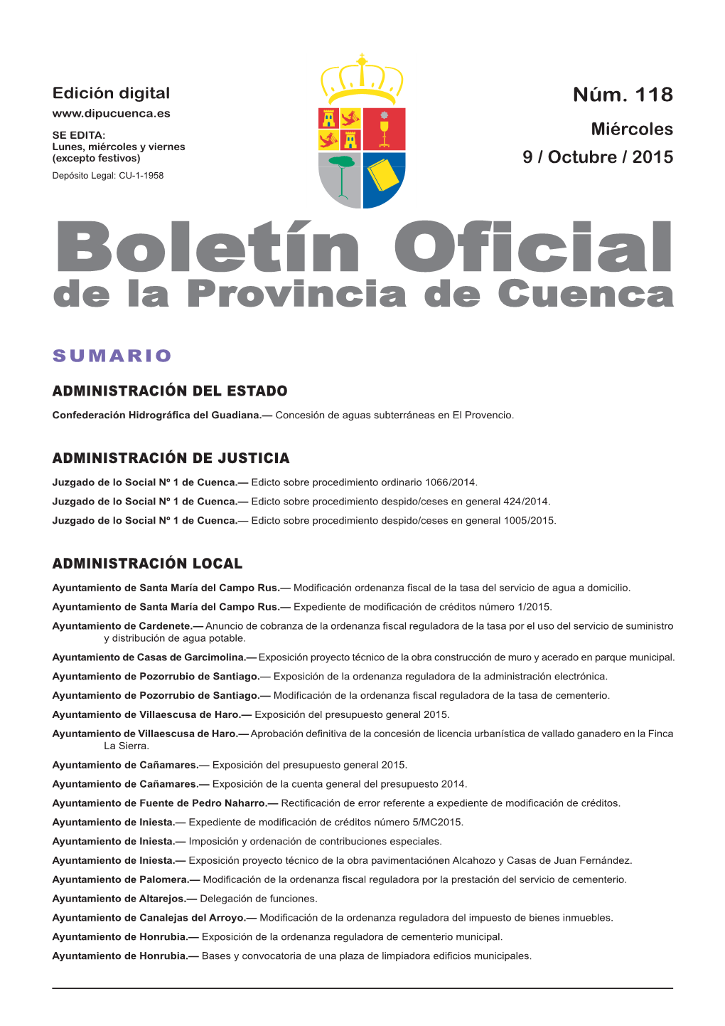 Boletín Oficial De La Provincia De Cuenca Del 9 De Octubre De 2015