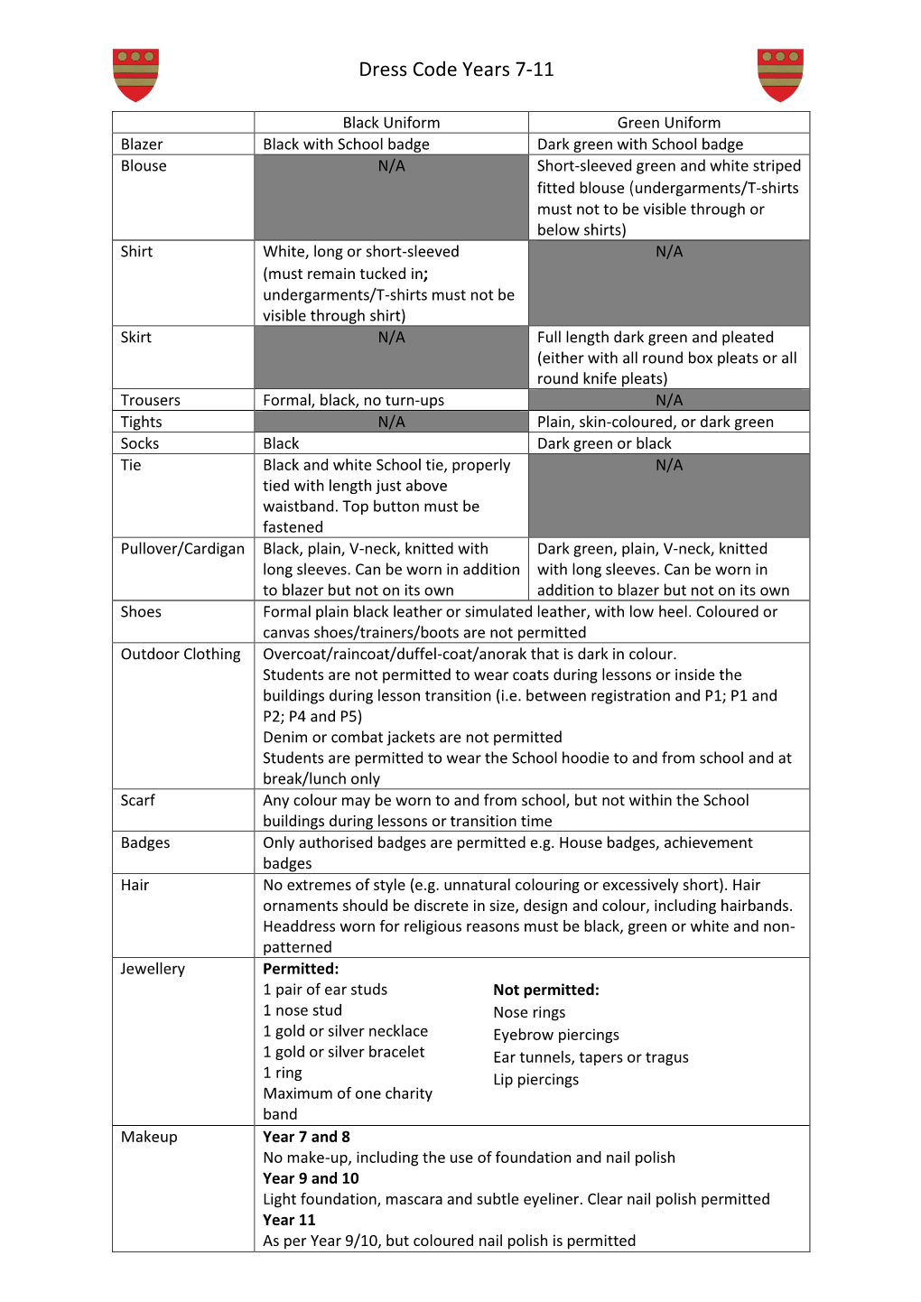 Dress Code Years 7-11