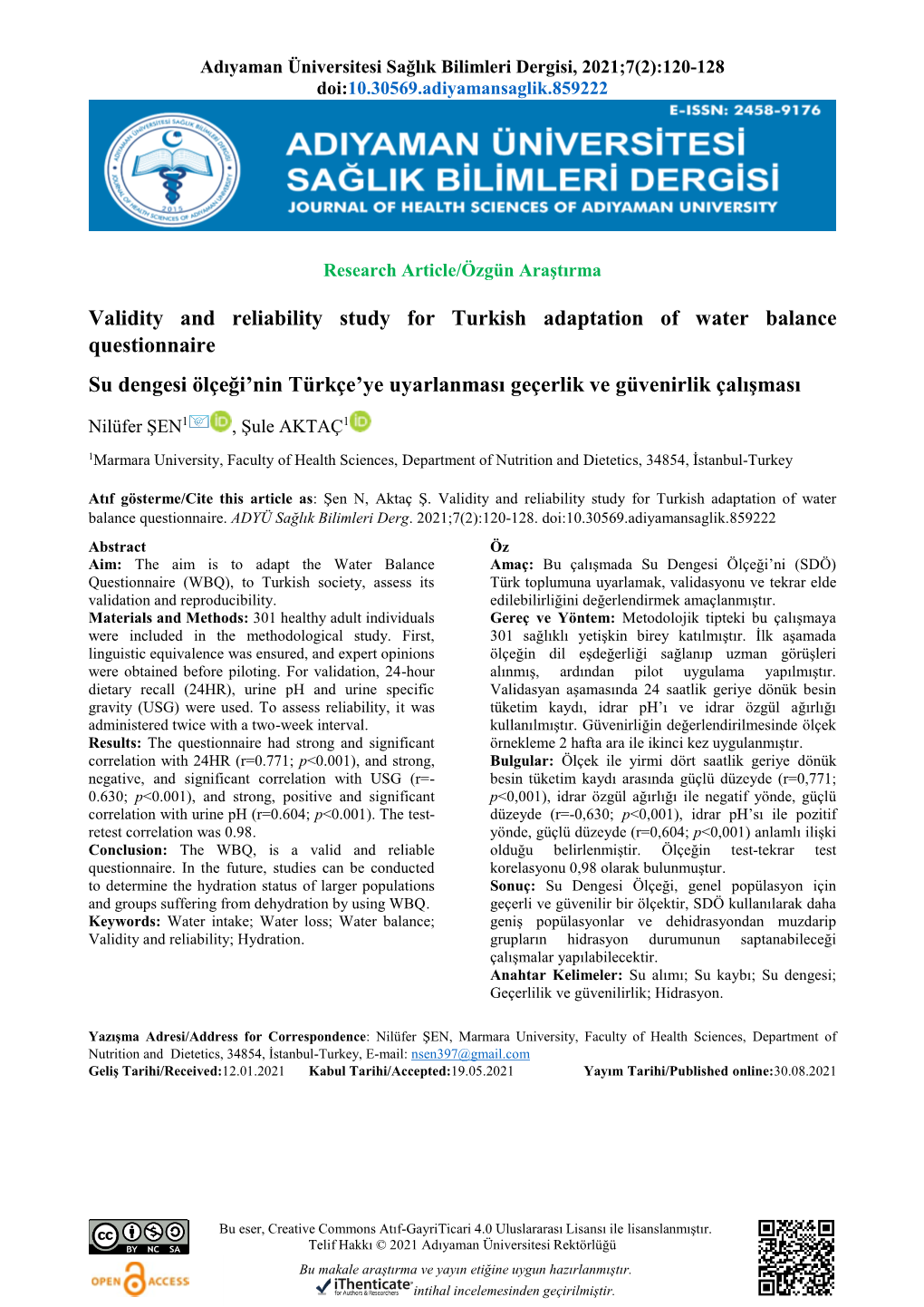 Validity and Reliability Study for Turkish Adaptation of Water Balance Questionnaire Su Dengesi Ölçeği’Nin Türkçe’Ye Uyarlanması Geçerlik Ve Güvenirlik Çalışması