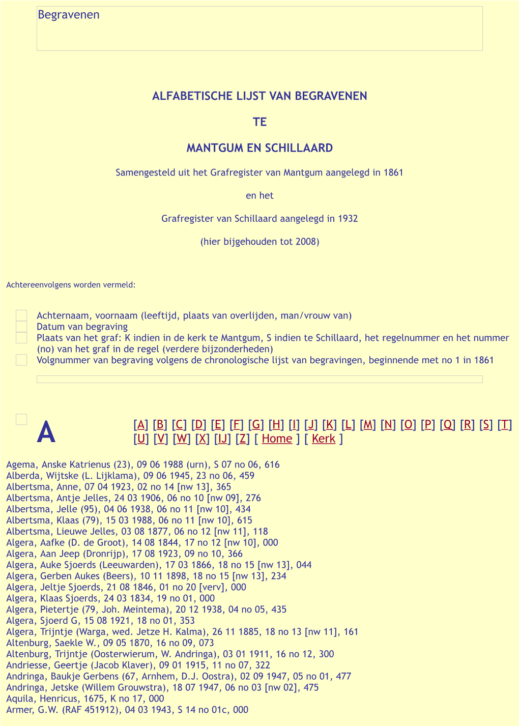 Begravenen ALFABETISCHE LIJST VAN BEGRAVENEN TE MANTGUM