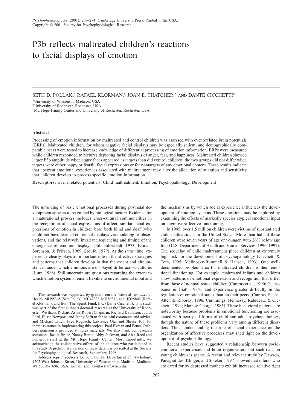 P3b Reflects Maltreated Children's Reactions to Facial Displays of Emotion