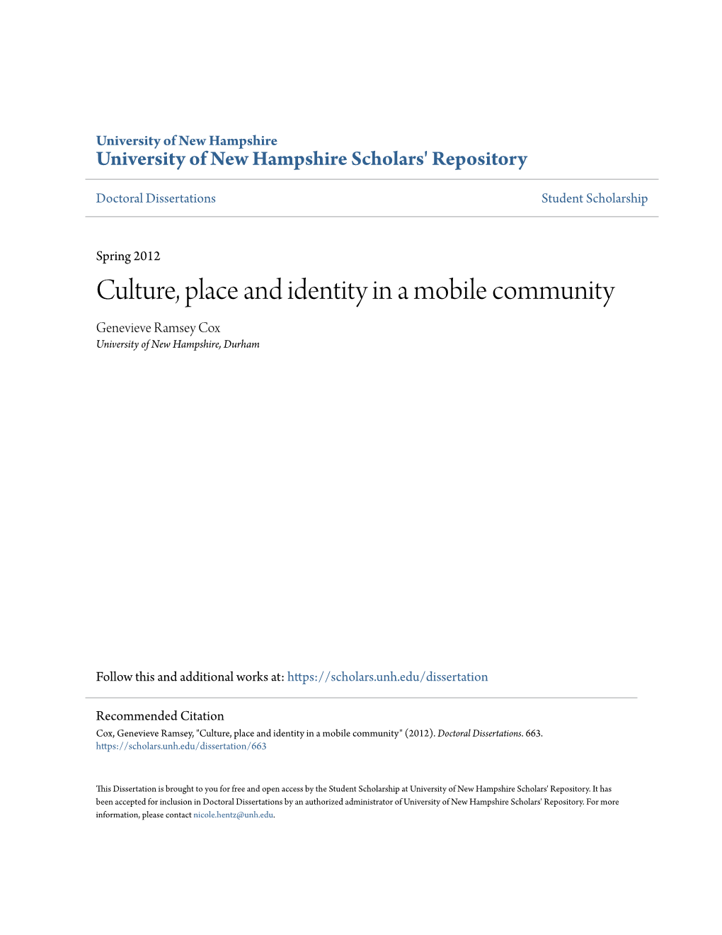 Culture, Place and Identity in a Mobile Community Genevieve Ramsey Cox University of New Hampshire, Durham
