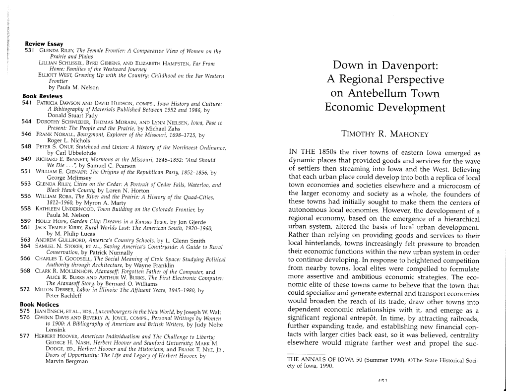 Down in Davenport: a Regional Perspective on Antebellum Town