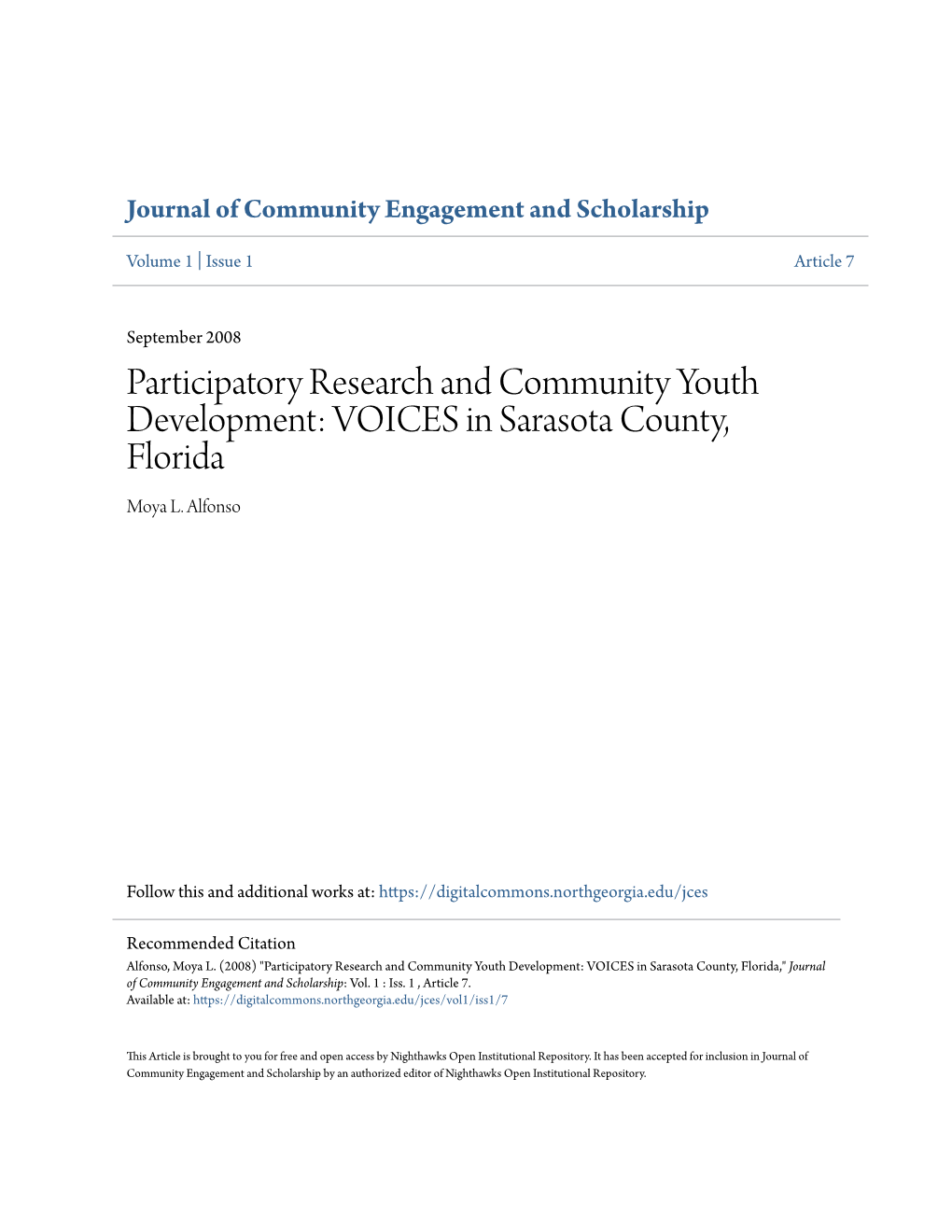 Participatory Research and Community Youth Development: VOICES in Sarasota County, Florida Moya L