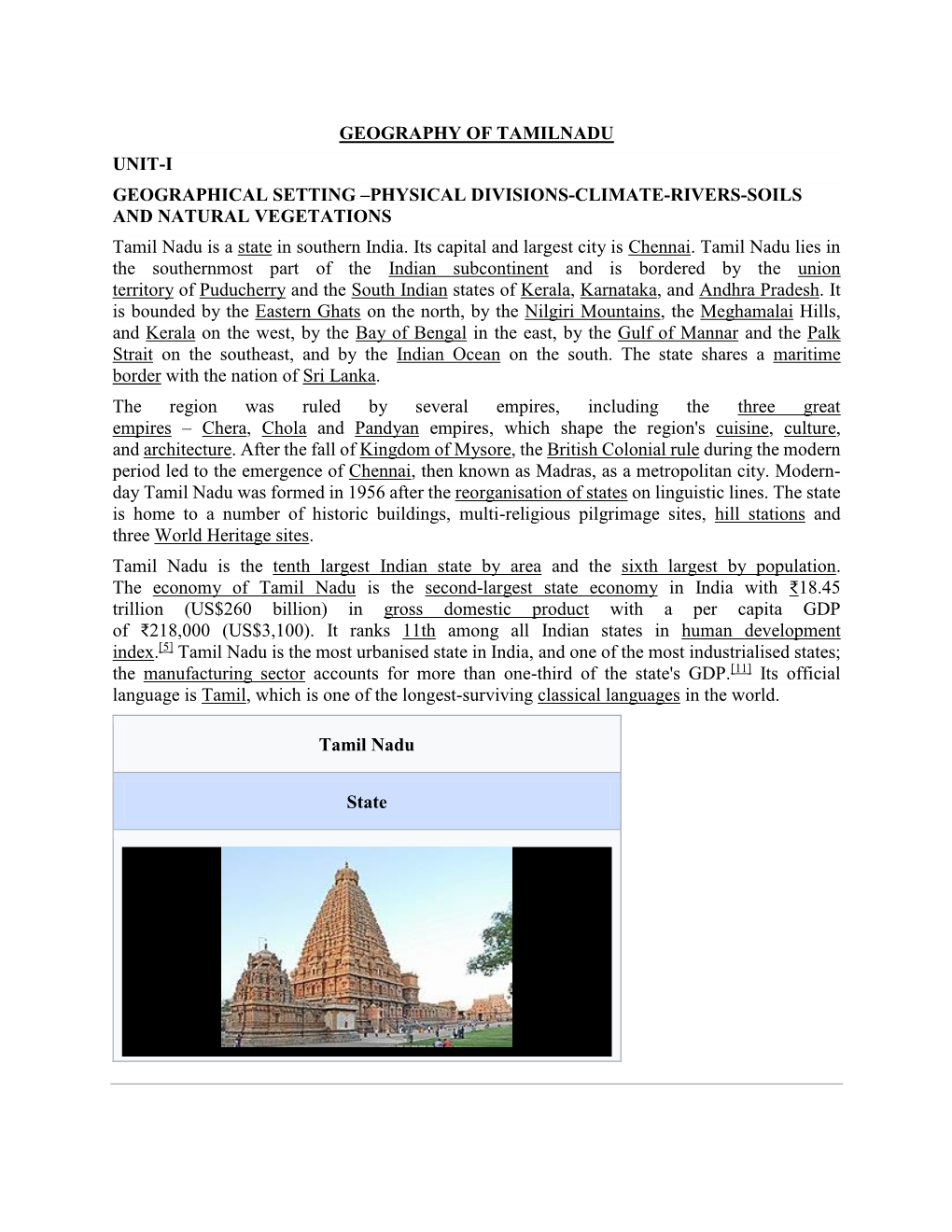 GEOGRAPHY of TAMILNADU UNIT-I GEOGRAPHICAL SETTING –PHYSICAL DIVISIONS-CLIMATE-RIVERS-SOILS and NATURAL VEGETATIONS Tamil Nadu Is a State in Southern India