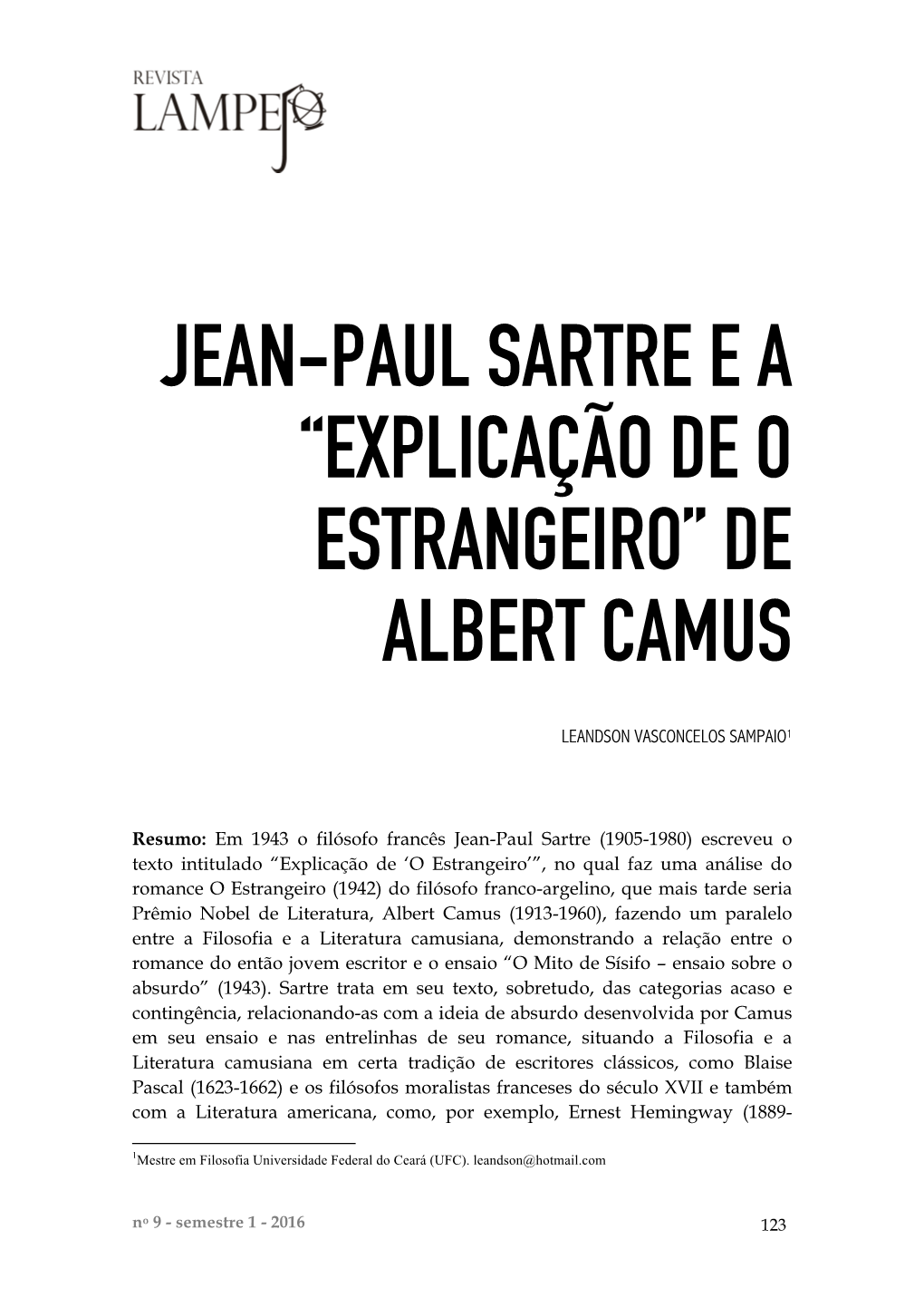 Jean-Paul Sartre E a “Explicação De O Estrangeiro” De Albert Camus