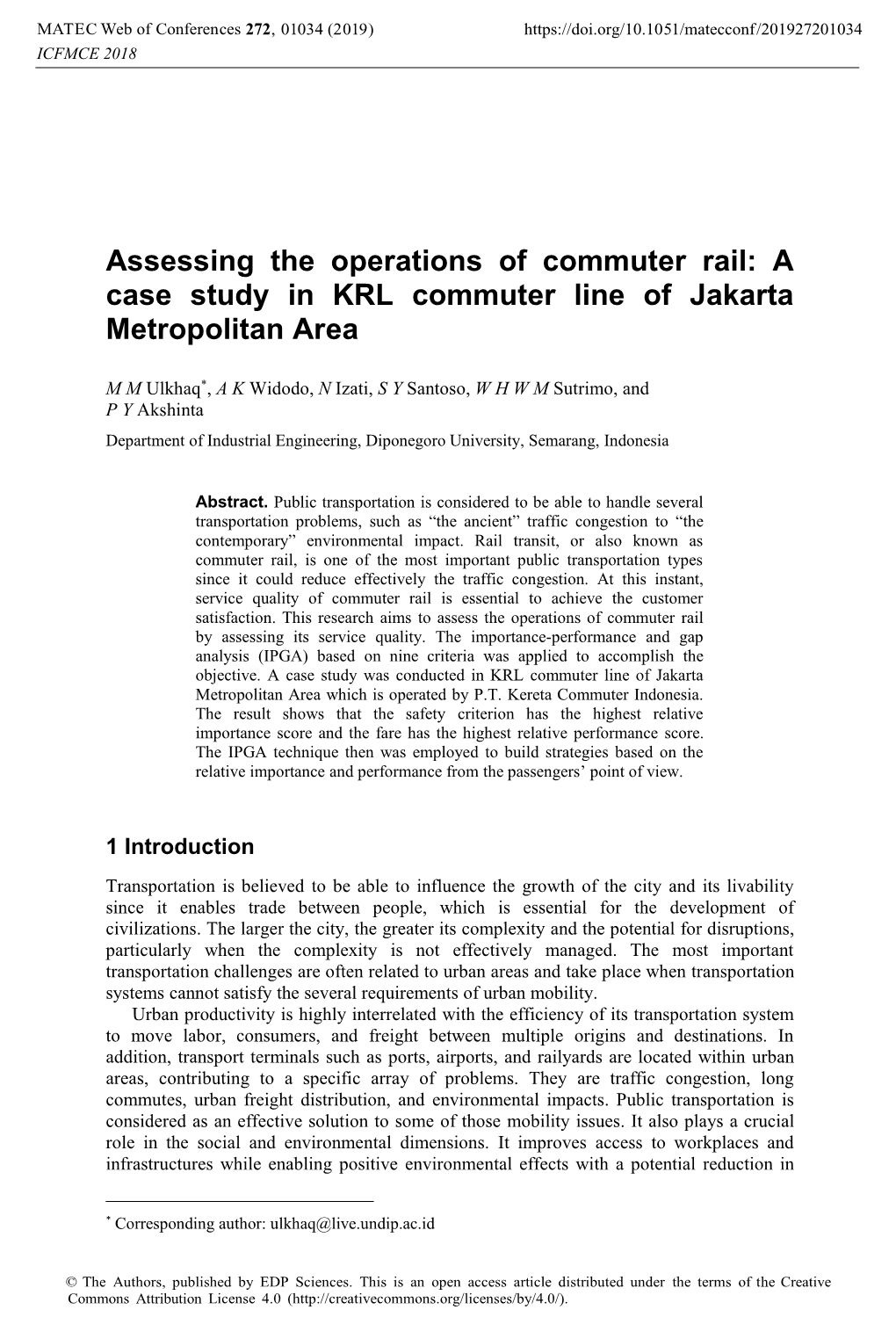 A Case Study in KRL Commuter Line of Jakarta Metropolitan Area