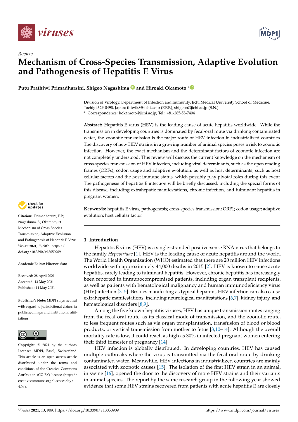 Mechanism of Cross-Species Transmission, Adaptive Evolution and Pathogenesis of Hepatitis E Virus