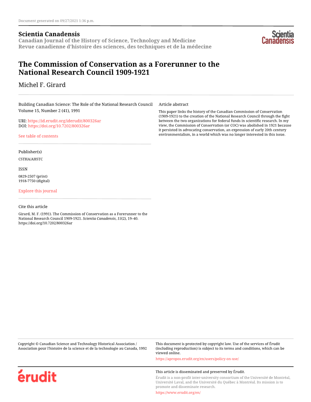 The Commission of Conservation As a Forerunner to the National Research Council 1909-1921 Michel F