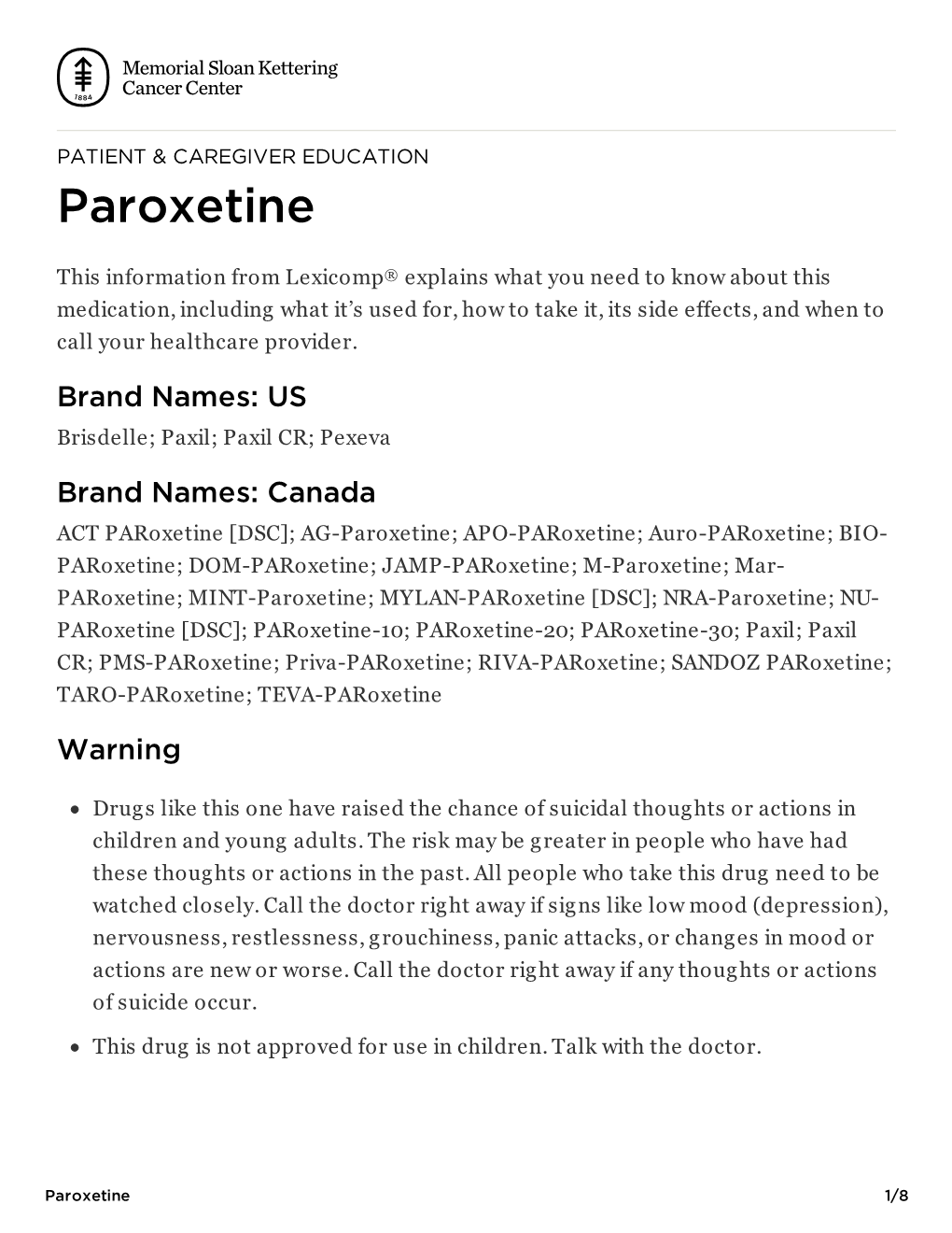 Paroxetine | Memorial Sloan Kettering Cancer Center
