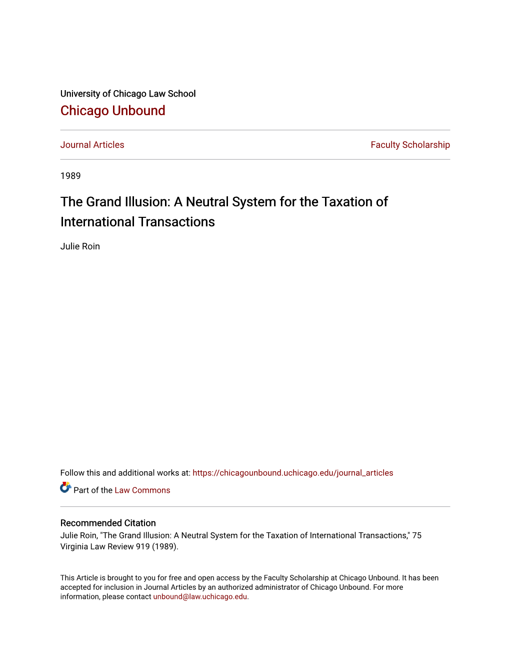 A Neutral System for the Taxation of International Transactions