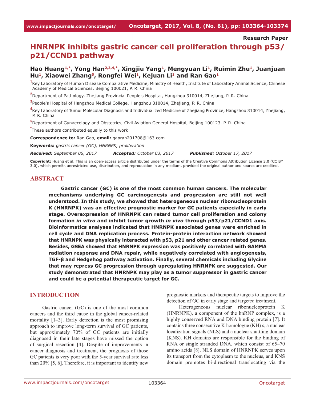HNRNPK Inhibits Gastric Cancer Cell Proliferation Through P53/ P21/CCND1 Pathway