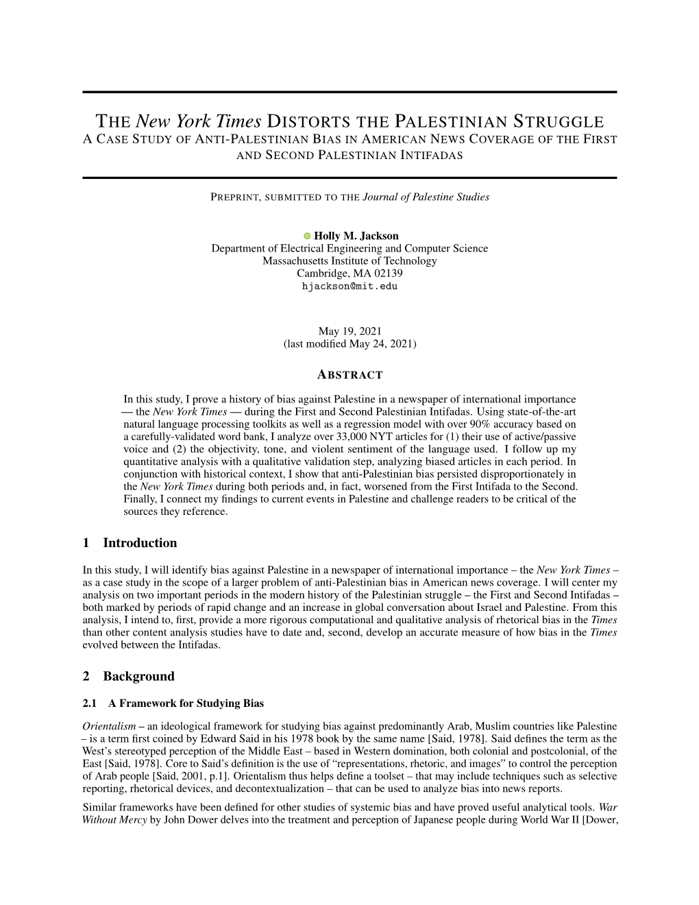 THE New York Times DISTORTS the PALESTINIAN STRUGGLE ACASE STUDYOF ANTI-PALESTINIAN BIASIN AMERICAN NEWS COVERAGEOFTHE FIRST and SECOND PALESTINIAN INTIFADAS