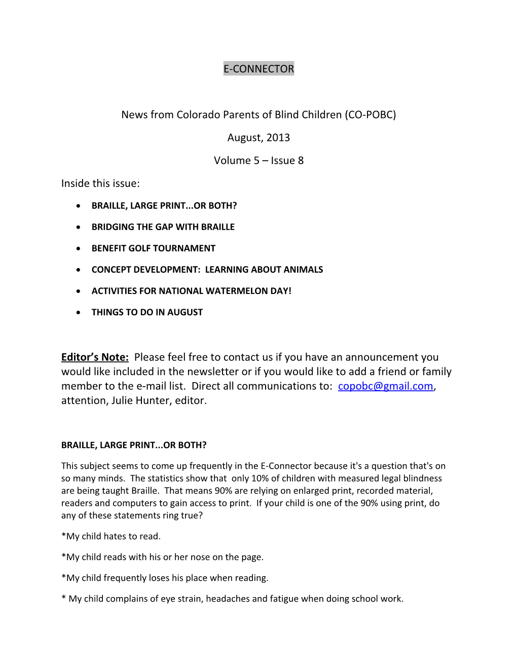 News from Colorado Parents of Blind Children (CO-POBC)